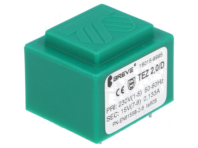 Transformator: ingegoten; 2VA; 230VAC; 15V; 133,3mA; PCB; IP00; TEZ Transformator: ingegoten; 2VA; 230VAC; 15V; 133,3mA; PCB; IP00; TEZ